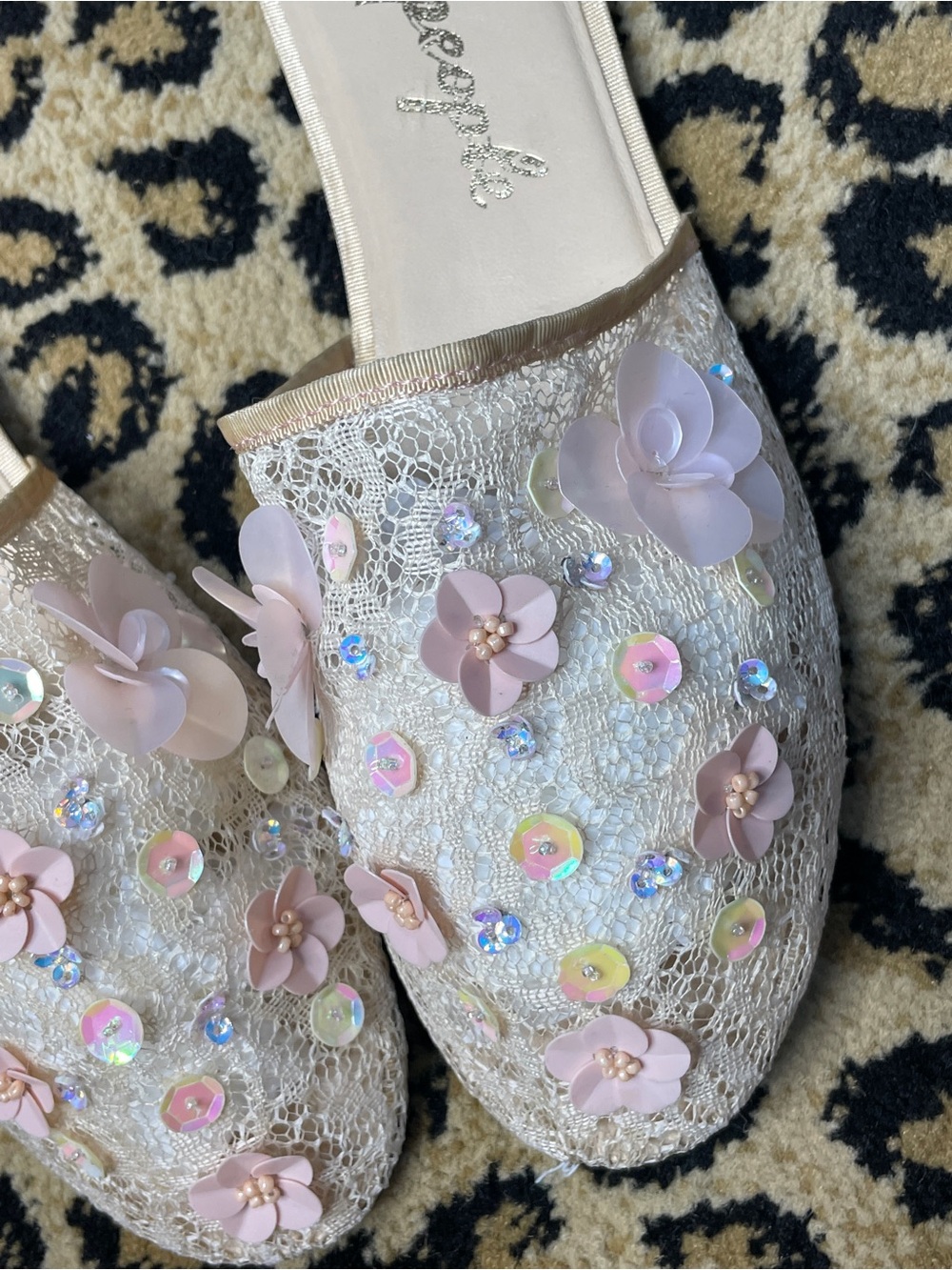 Free People Sequin Mesh Slip-On Mules with Pink Floral Appliqués - Picture 4 of 8